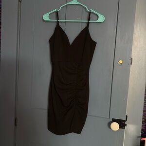 black short formal dress with slit at thigh